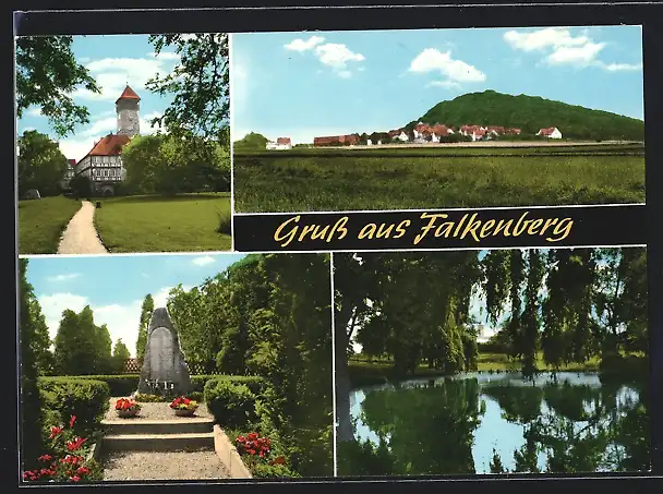 AK Falkenberg / Homberg, Ehrenmal, Schloss, Teich, Gesamtansicht