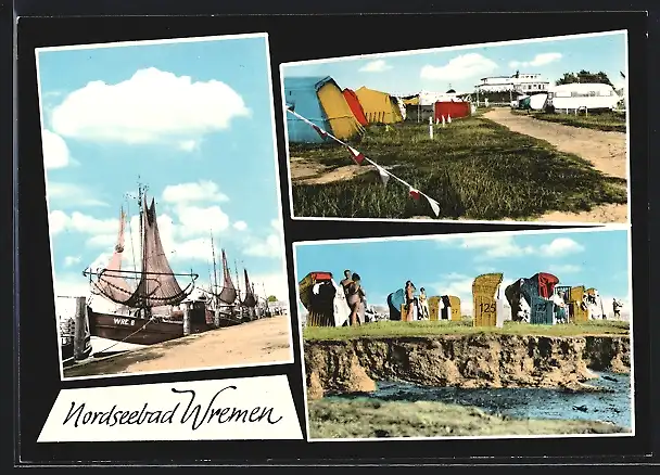 AK Wremen / Nordseebad, Strand mit Zelten und Strandkörben, Hafen