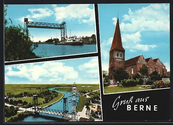 AK Berne / Oldenburg, Kirche, Teilansicht mit Flussbrücke und Schiffspartie