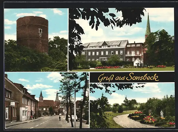 AK Sonsbeck, Kirche, Turm, Park, Ortsansicht