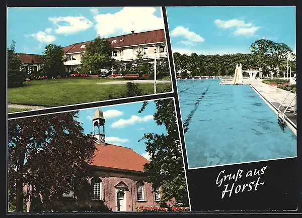 AK Horst / Holstein, Freibad, Parkpartie, Gebäudeansicht