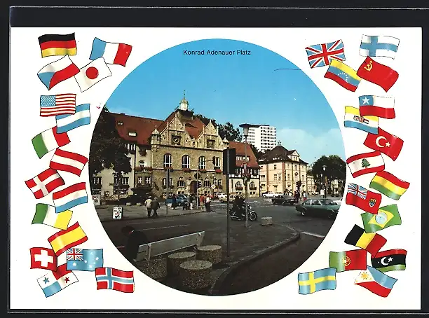 AK Bergisch Gladbach, Konrad Adenauer-Platz, Nationalflaggen der Türke, von Japan und von Amerika
