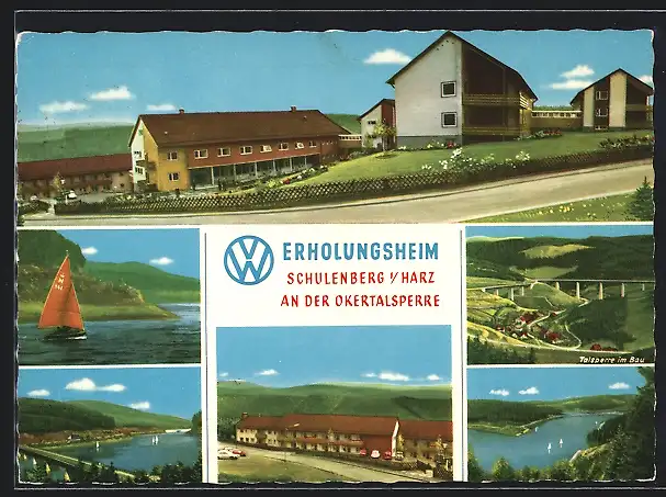 AK Schulenberg i. Harz, VW-Erholungsheim an der Okertalsperre, Brücke, Uferpartie mit Segelboot