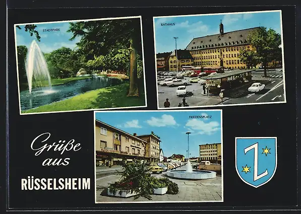 AK Rüsselsheim, Friedensplatz mit Geschäften, Rathaus, Stadtpark