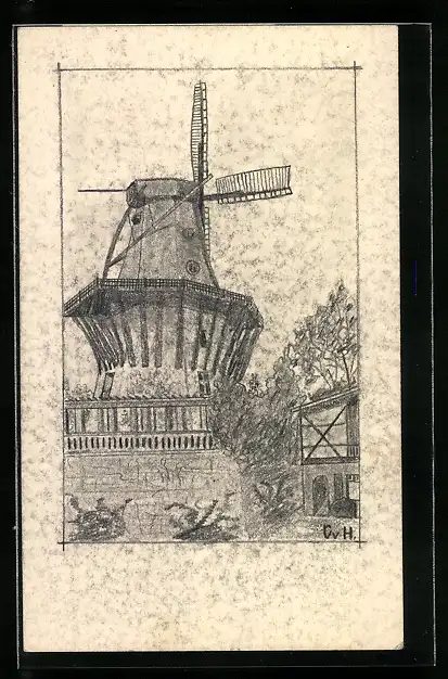Künstler-AK Handgemalt: Windmühle, Bleistiftzeichnung