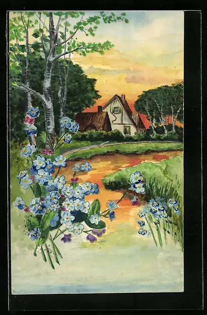Künstler-AK Handgemalt: Frühlingsidylle mit Haus am Fluss, Blumenstrauss