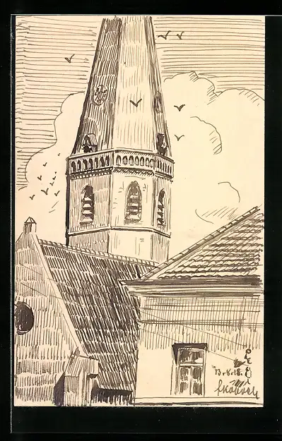 Künstler-AK Handgemalt: Kirche und Haus, Teilansicht