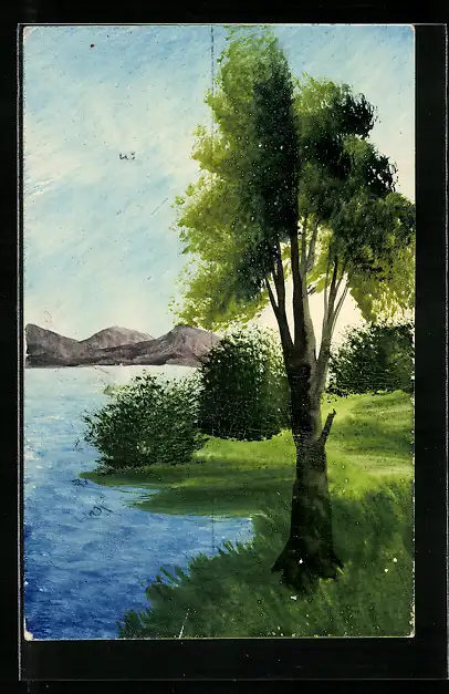 Künstler-AK Handgemalt: Fluss mit grünem Ufer und Bergblick