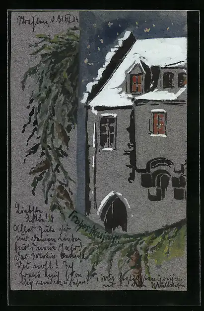 Künstler-AK Handgemalt: Schneebedecktes Haus und Tannenkranz, Neujahrsgruss