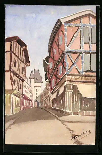 Künstler-AK Handgemalt: Strassenpartie mit Fachwerkhäusern und Kirche