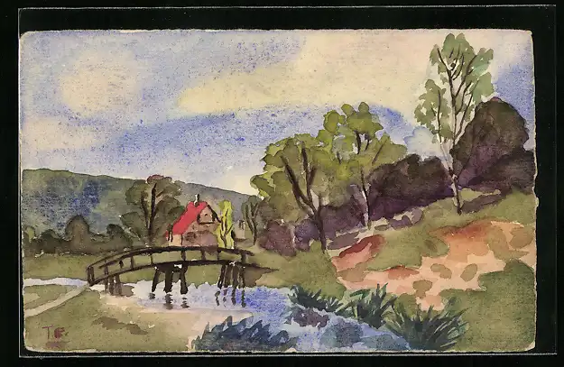 Künstler-AK Handgemalt: Ortsansicht mit Brücke