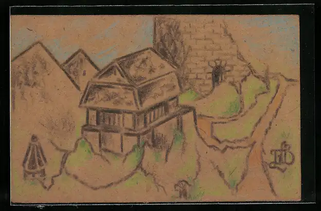 Künstler-AK Handgemalt: Gebäude mit Bergen und Ruine
