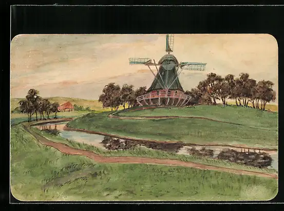 Künstler-AK Handgemalt: Windmühle in Flusslandschaft