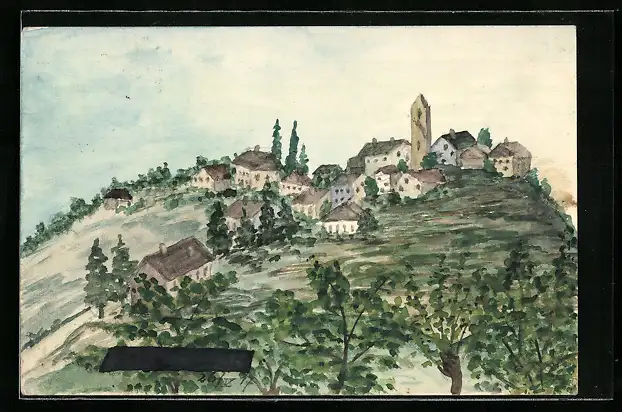 Künstler-AK Handgemalt: Ortschaft im Gebirge, mit Kirche und Landstrasse