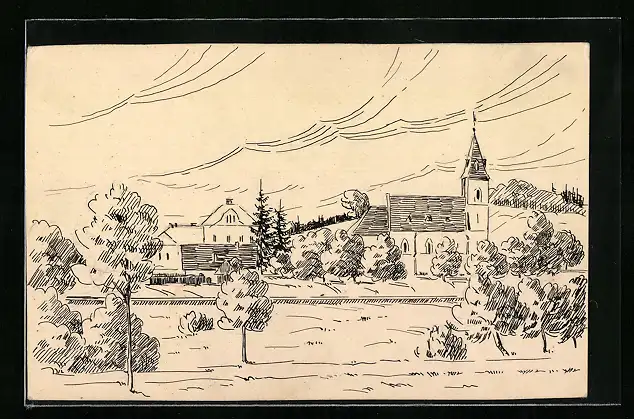 Künstler-AK Handgemalt: Ortschaft mit Bahnschienen und Kirche