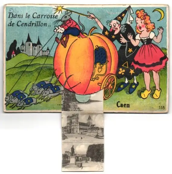 Leporello-AK Caen, Le Carrosse de Cendrillon, Eglise St-Etienne, Entrée du Chateau
