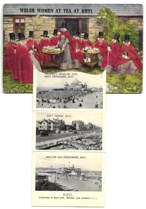 Leporello-AK Rhyl, Welsh Women at Tea, Rhuddlan Castle, Beach and Pavilion, West Parade