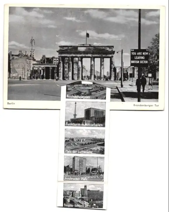 Leporello-AK Berlin, Grenze am Brandenburger Tor, Kurfürstendamm, Platz der Luftbrücke