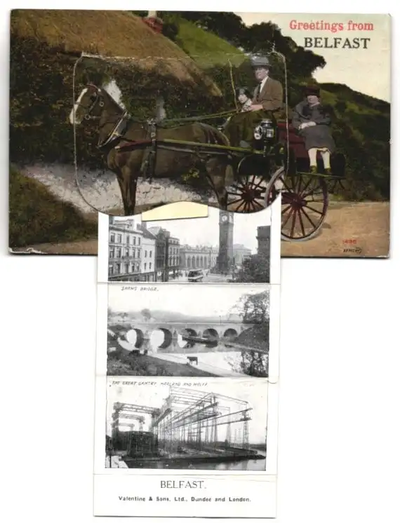 Leporello-AK Belfast, An Irish Jaunting Car, Royal Avenue, Albert Memorial, Shaws Bridge