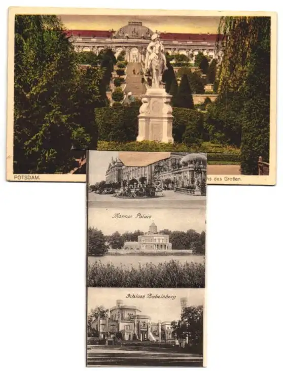 Leporello-AK Potsdam, Schloss Sanssouci mit Denkmal Friedrichs des Grossen, Orangerie, Historische Mühle