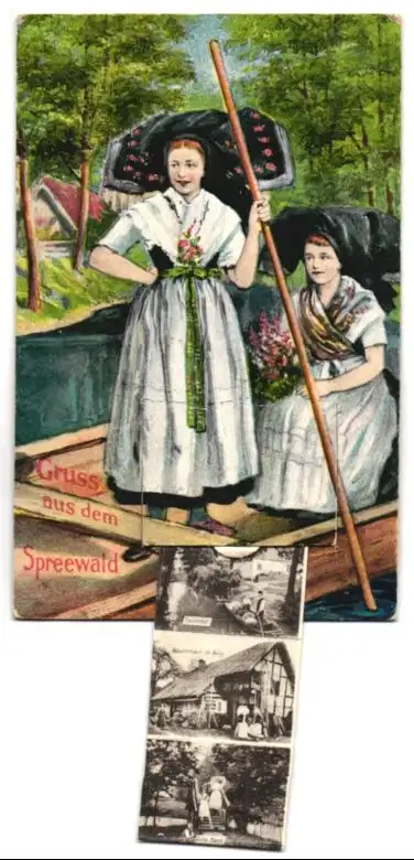 Leporello-AK Burg, Spreewälder Tracht, Bauernhaus, Wotschofska, Lehde