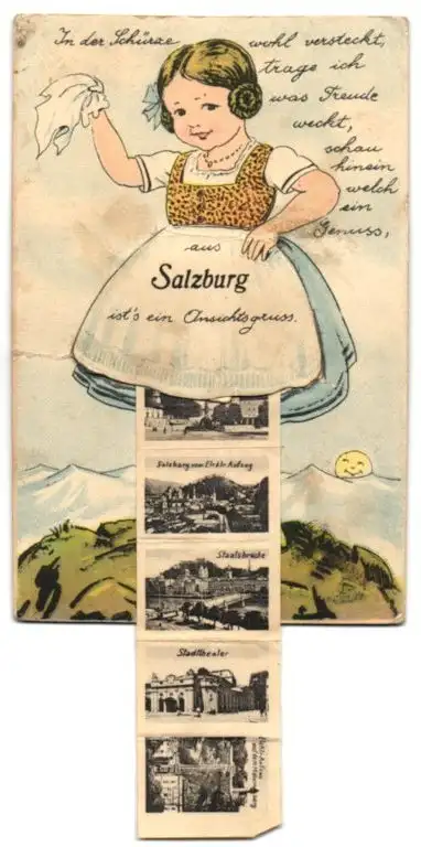 Leporello-AK Salzburg, Ansichten unter der Schürze, Staatsbrücke, Feste Hohensalzburg, Stadttheater