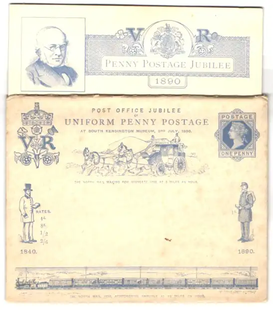 Briefumschlag mit Karte, Post Office Jubilee of Uniform Penny Postage at South Kensington Museum 1890, Ganzsache