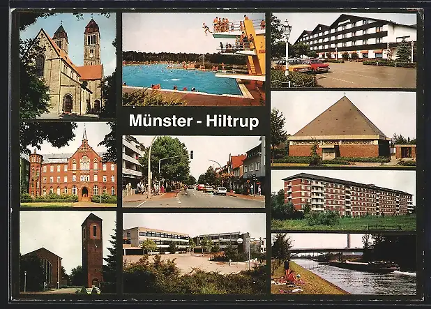 AK Münster-Hiltrup, Freibad, Strassenpartie, Kirchen