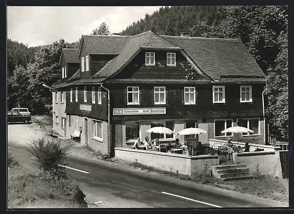 AK Klettigshammer, Gaststätte zum Sormitztal mit Strasse aus der Vogelschau