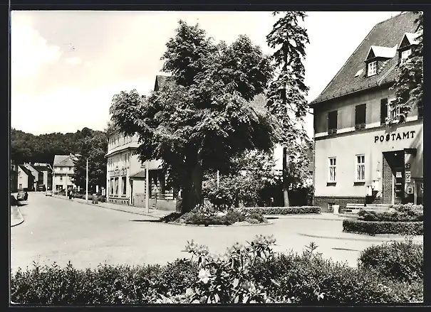 AK Berga / Elster, Postamt und Bahnhofstrasse