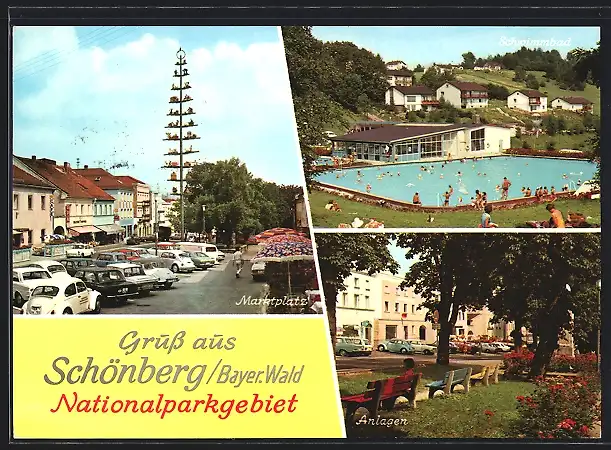 AK Schönberg /Bayr. Wald, Marktplatz, Freibad, Ortspartie