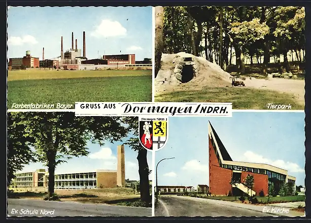 AK Dormagen /Ndrh., Farbenfabriken Bayer, Ev. Schule Nord und Kirche, Wappen