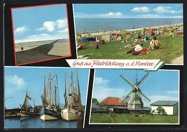 AK Friedrichskoog /Nordsee, Windmühle, Hafenpartie, Strand
