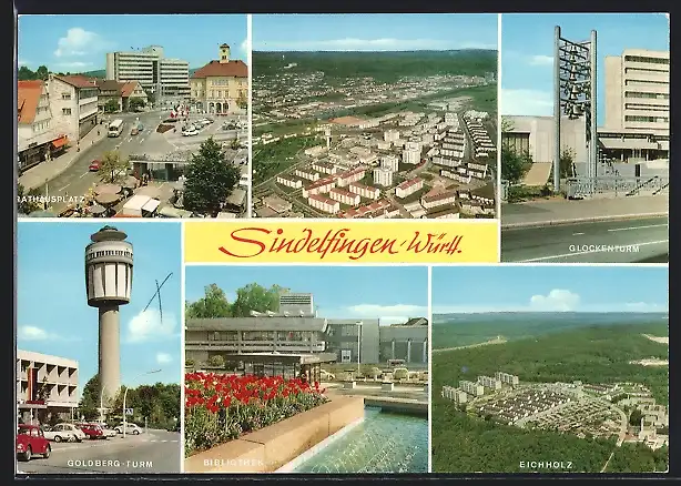 AK Sindelfingen, Rathausplatz, Teilansicht, Goldberg-Turm, Eichenholz, Glockenturm