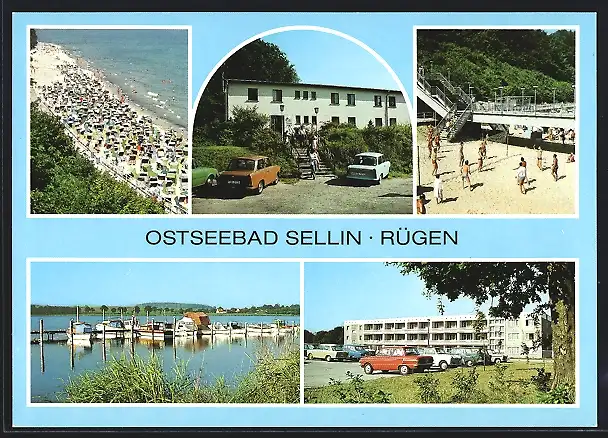 AK Sellin, Strand, FDGB-Erholungsheim Waldfrieden, Freitreppe zum Strand, Bootsstege am Selliner See