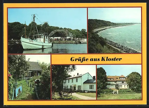 AK Kloster /Hiddensee, Hafen, Steinwall, Kapitänshaus