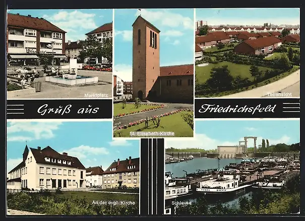 AK Friedrichsfeld / Niederrhein, Marktplatz, St. Elisabeth-Kirche, Schleuse