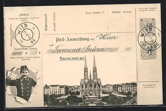 AK Wien, Maxikilianplatz, Postanweisung mit Briefträger