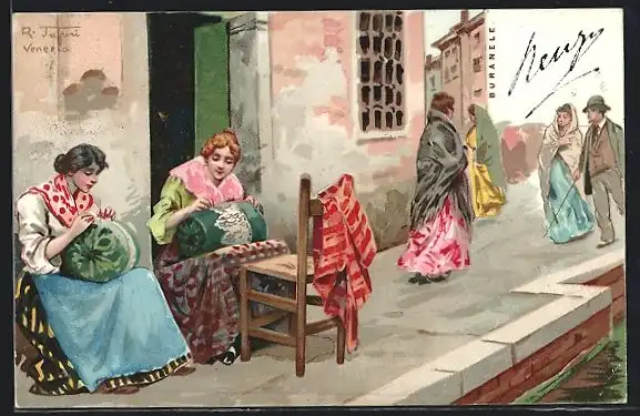 Künstler-AK sign. Tafuri: Frauen sitzen vor dem Haus und klöppeln