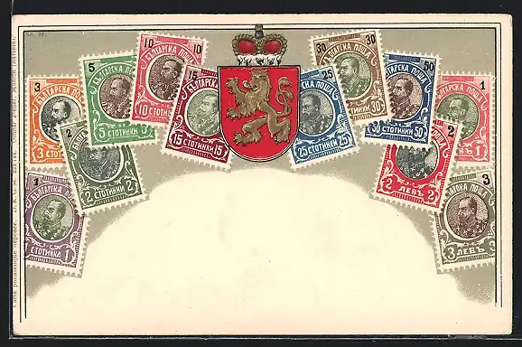 AK Briefmarken und Wappen mit goldenem Löwen