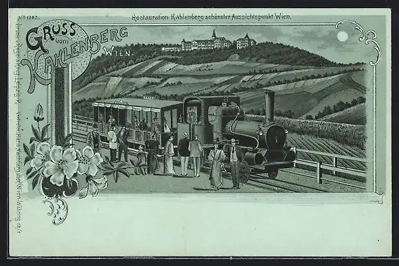 Mondschein-Lithographie Wien, Restauration Kahlenberg schönster Aussichtspunkt mit Bergbahn