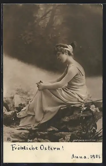 Foto-AK Atelier Reutlinger, Paris: Mädchen sitzt nachdenklich am Teich