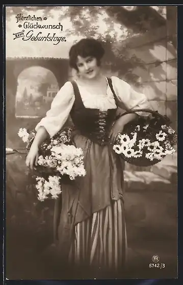 Foto-AK RPH Nr. 5742 /3: Junge Frau mit zwei Blumenkörben