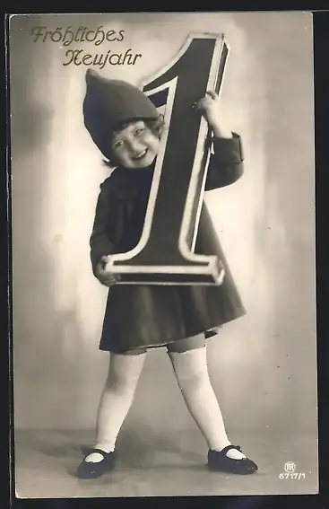 Foto-AK RPH Nr. 6717 /1: Fröhliches Neujahr, kleines Mädchen mit de 1 in der Hand