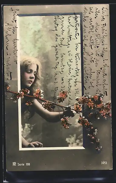 Foto-AK RPH Nr. S.108-3053: Junges Mädchen mit einem blühenden Obstzweig