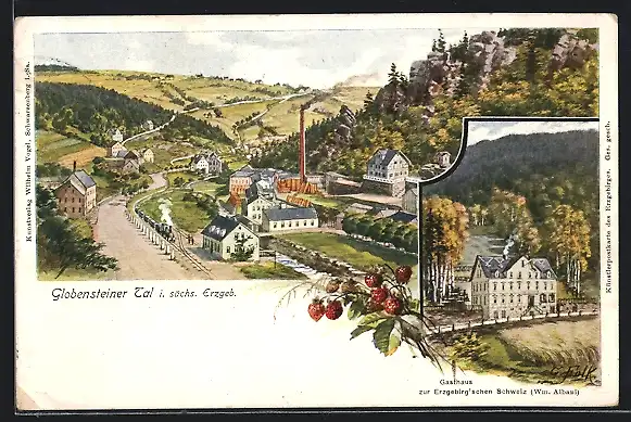 Lithographie Globenstein, Totalansicht aus der Vogelschau, Gasthaus zur Erzgebirgischen Schweiz