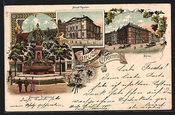 Lithographie Chemnitz, Saxonia-Brunnen, Stadttheater, Börse