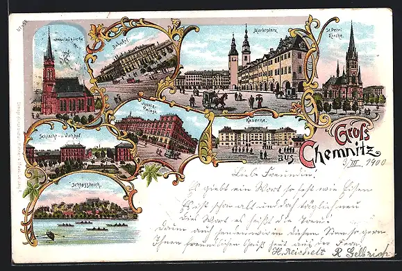 Lithographie Chemnitz, Schlossteich, Schlacht- und Viehhof, Nicolaikirche, Bahnhof