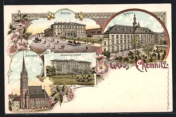 Lithographie Chemnitz, Bahnhof, Rathaus, St. Nicolaikirche, Staatslehranstalt