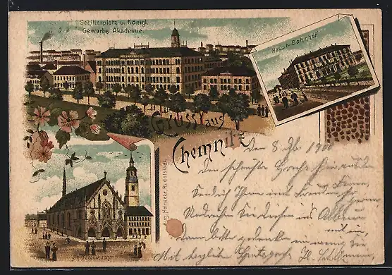 Lithographie Chemnitz, St. Jacobikirche, Haupt-Bahnhof, Schillerplatz und Königl. Gewerbe-Akademie